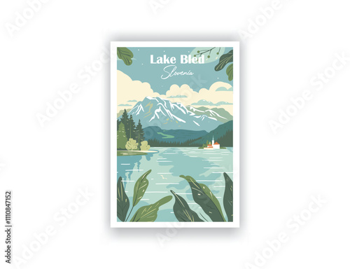 Lake Bled, Slovenia Vintage Travel Posters. Vector illustration. High Quality Prints