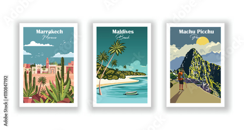 A set of 3 vintage travel vector posters, Machu Picchu, Peru,Maldives, Marrakech, Morocco, High-quality prints, vector illustration