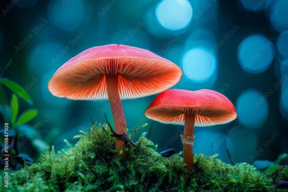 Fototapeta premium Close-Up of Small Brown Mushrooms Growing on Mossy Ground in a Forest. Natural and Serene Woodland Scene.