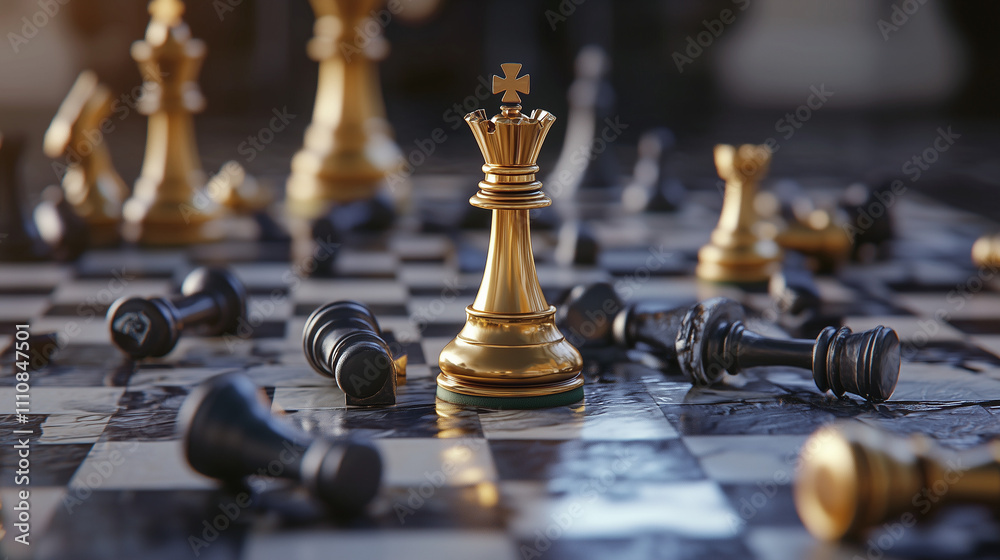 Golden king piece on chessboard with fallen opponents Golden king piece on chessboard with fallen opponents