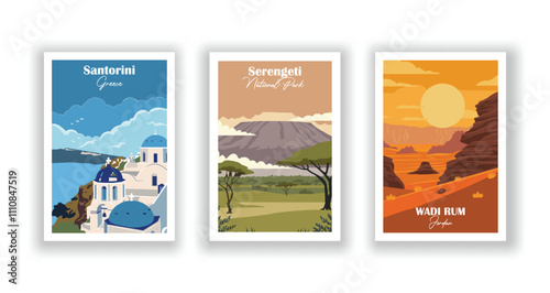 
A set of 3 vintage travel vector posters: Wadi Rum, Jordan; Serengeti National Park, Tanzania; Santorini, Greece. High-quality prints, vector illustration