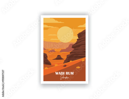 Wadi Rum, Jordan Vintage Travel Posters. Vector illustration. High Quality Prints