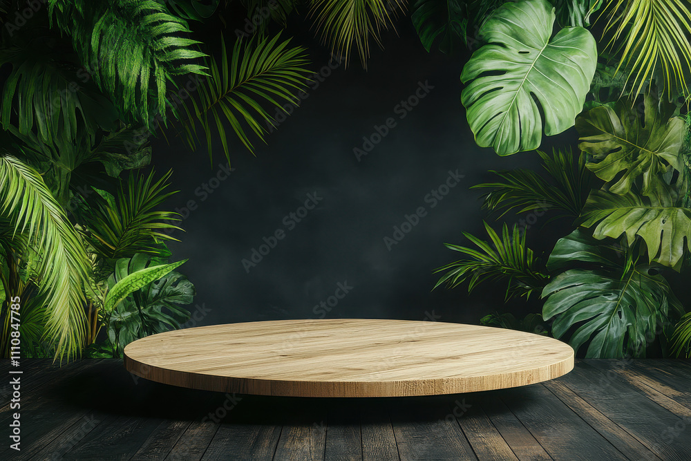 A wooden platform surrounded by lush tropical foliage against a dark background. A wooden platform surrounded by lush tropical foliage against a dark background.