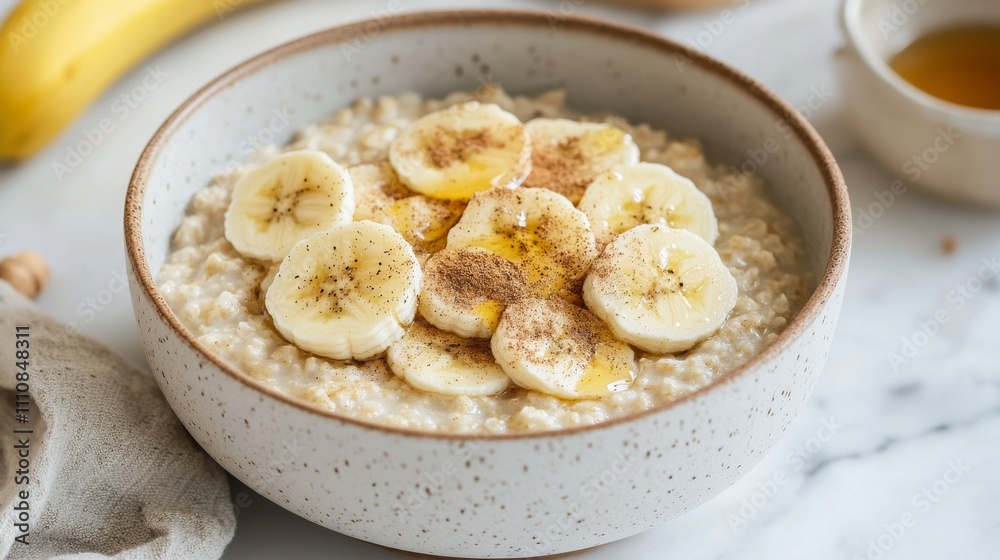 Photo of, A bowl of creamy oatmeal topped with sliced bananas and a sprinkle of cinnamon, Minimalist breakfast table setting Photo of, A bowl of creamy oatmeal topped with sliced bananas and a sprinkle of cinnamon, Minimalist breakfast table setting