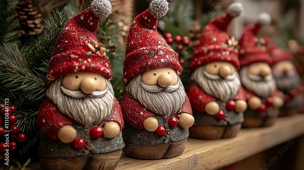 A charming display of festive gnomes in red hats, embodying the spirit of Christmas with delightful decorations and holiday cheer. A charming display of festive gnomes in red hats, embodying the spirit of Christmas with delightful decorations and holiday cheer.