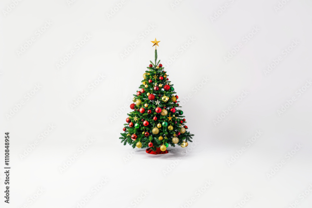horizontal isolated image of a decorated shiny christmas tree over a white neutral background, copy space horizontal isolated image of a decorated shiny christmas tree over a white neutral background, copy space