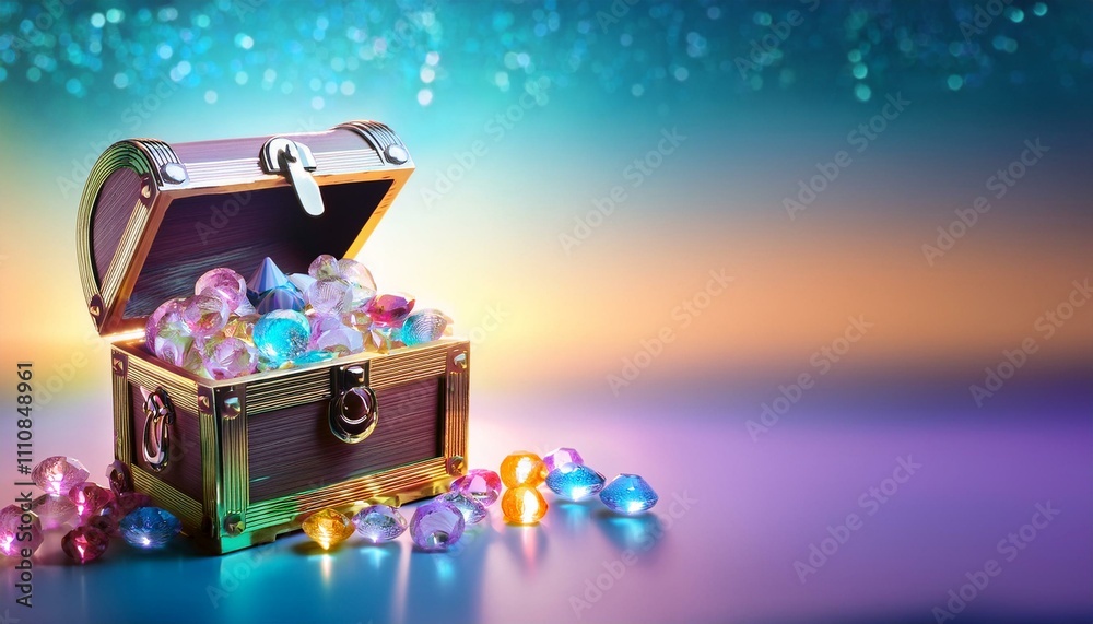 abundance treasure chest filled with pastel gemstones, set against a soft gradient background representing economic prosperity success. abundance treasure chest filled with pastel gemstones, set against a soft gradient background representing economic prosperity success.