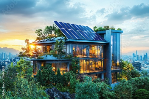 Eco-Friendly Modern House with Solar Panels and Rooftop Garden in Cityscape