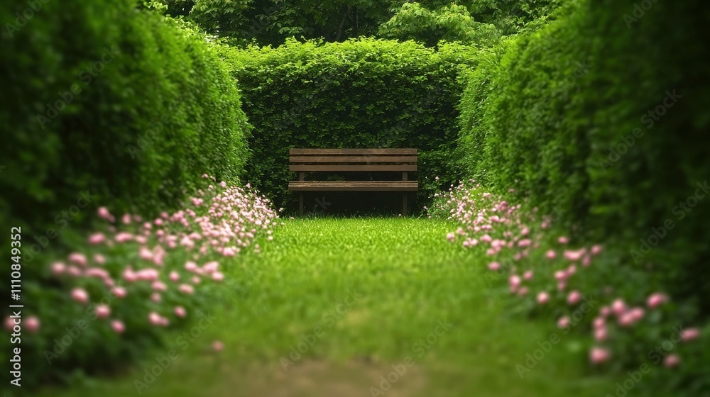 Serene garden retreat hidden bench lush nature tranquil setting Serene garden retreat hidden bench lush nature tranquil setting