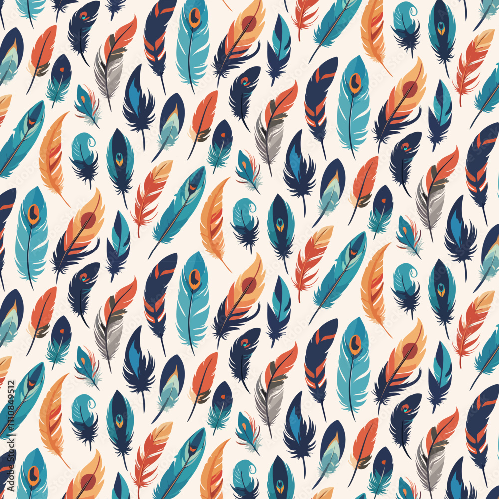 Multi-colored feathers on a light background.Vector pattern with colorful feathers on a colored background.