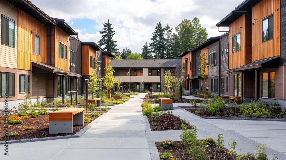 Inclusive housing community with accessibility ramps and vibrant shared spaces Inclusive housing community with accessibility ramps and vibrant shared spaces