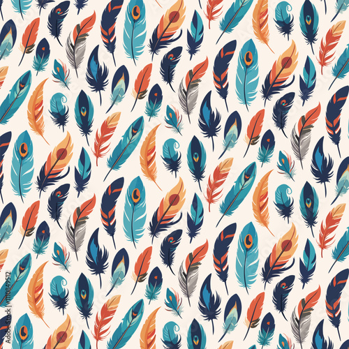 Multi-colored feathers on a light background.Vector pattern with colorful feathers on a colored background.