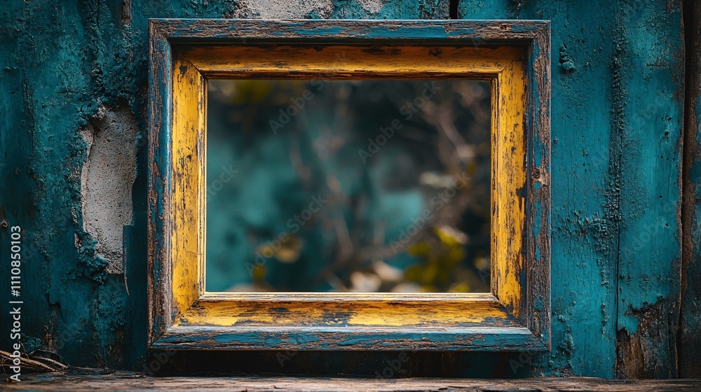 Naklejka premium A rustic frame with a vibrant yellow border sits against a weathered blue surface, reflecting a blurred natural background.