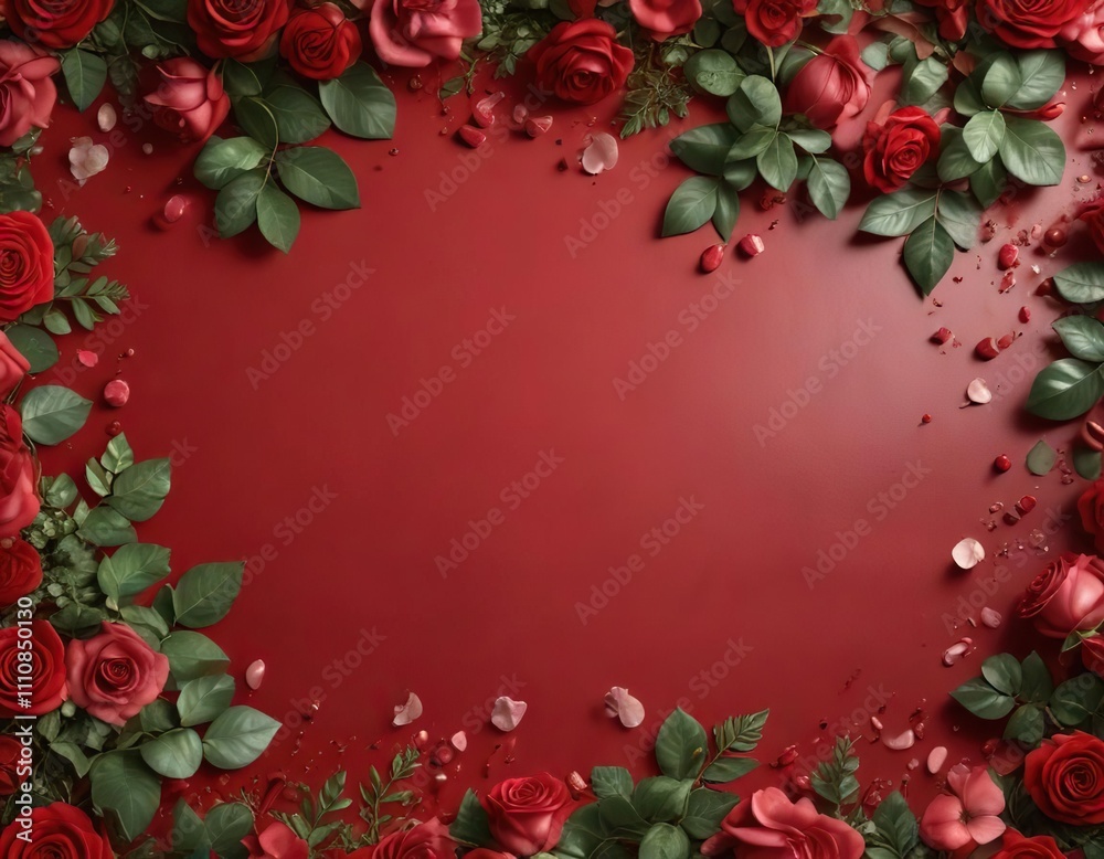 Red velvet background with scattered rose petals and a few strands of greenery , warm, cozy, red velvet Red velvet background with scattered rose petals and a few strands of greenery , warm, cozy, red velvet