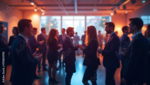 A vibrant networking event with business professionals engaging in conversation, blurred figures creating a sense of motion and activity