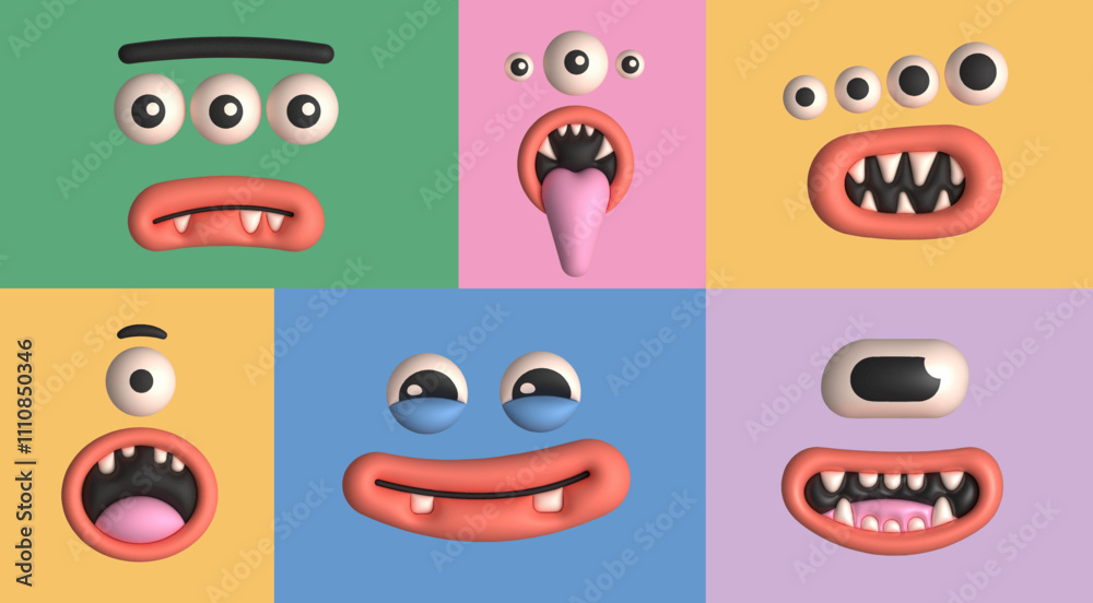 Cute Monster face set. Different expressions. Funny characters. Inflated, plasticine, clay cartoon 3D style. Hand drawn modern Vector illustration. Isolated design elements. Print, sticker templates Cute Monster face set. Different expressions. Funny characters. Inflated, plasticine, clay cartoon 3D style. Hand drawn modern Vector illustration. Isolated design elements. Print, sticker templates
