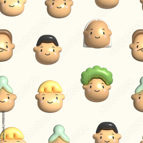 Various Heads with stylish Haircuts. Colorful funny characters. Inflated balloon cartoon 3D style. Hand drawn modern Vector illustration. Square seamless Pattern, background, wallpaper, print template