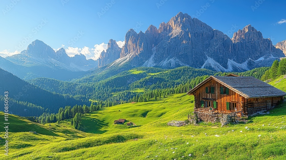 Obraz premium Scenic mountain landscape with a rustic cabin surrounded by lush greenery and towering peaks.