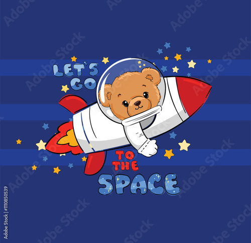 Rocket illustration with Teddy Bear, kids t shirt design vector Hand Drawn