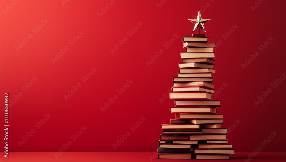 Creative christmas tree made of stacked books with a glowing white star on top, set against a red background, blending creativity and festive charm in a minimalist design
