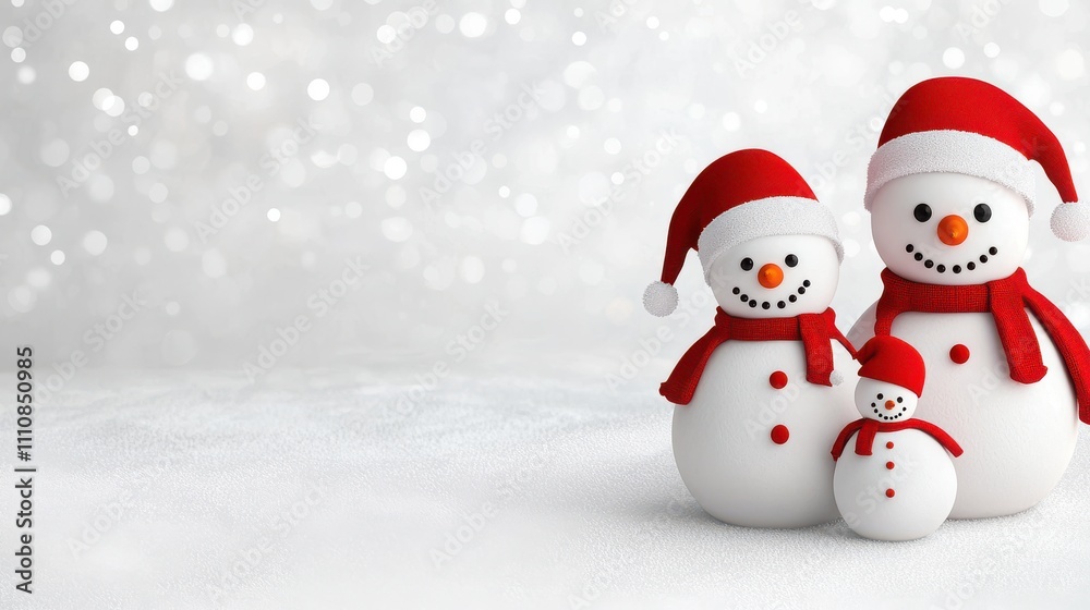 Happy christmas family of snowmen in winter wonderland scene