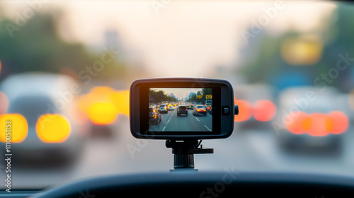 Dashcam capturing city traffic during sunset, highlighting modern technology in urban environment. photo