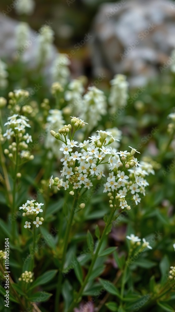 Small white flowers blooming on stems of perennial plant in alpine garden, scleranthus perennis, alpine garden, small bloom Small white flowers blooming on stems of perennial plant in alpine garden, scleranthus perennis, alpine garden, small bloom