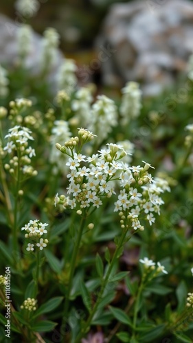 Small white flowers blooming on stems of perennial plant in alpine garden, scleranthus perennis, alpine garden, small bloom