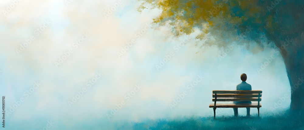 Solitary Figure Contemplating on a Bench Under a Misty Tree Solitary Figure Contemplating on a Bench Under a Misty Tree