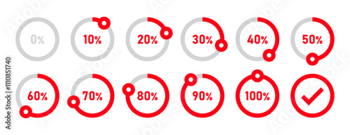 Infographic loading circles and progress circles set with 0 to 100 percent in red color. Set of circle percentage diagrams for infographics 0 10 20 30 40 50 60 70 80 90 100 percent. Vector icon photo