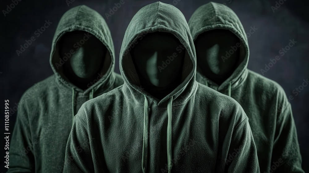 Mysterious figures in green hoodies artistic close-up portrait Mysterious figures in green hoodies artistic close-up portrait