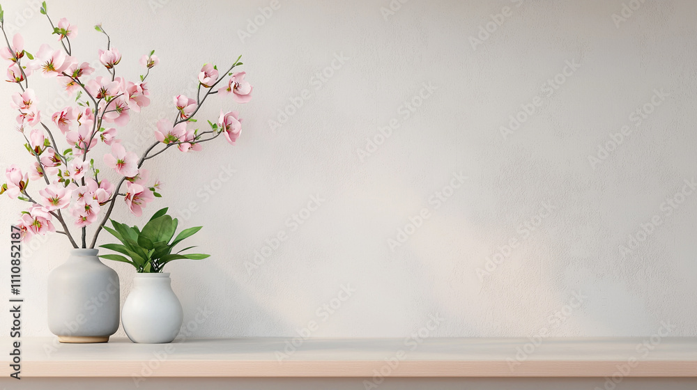 Elegant cherry blossoms in ceramic vases on a neutral background, minimalist decor. Elegant cherry blossoms in ceramic vases on a neutral background, minimalist decor.