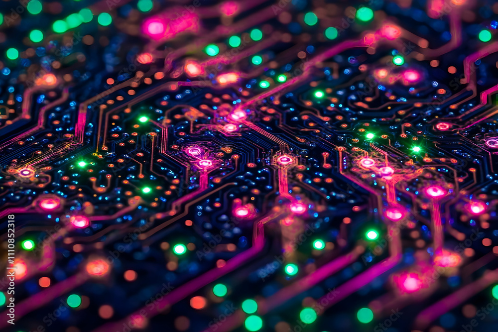 Fototapeta premium Illuminated circuit board with glowing pathways and connections.