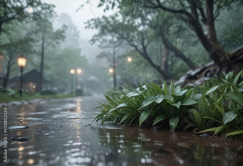 Naklejka premium Softly falling rain creates a peaceful melody, peaceful atmosphere, soothing colors