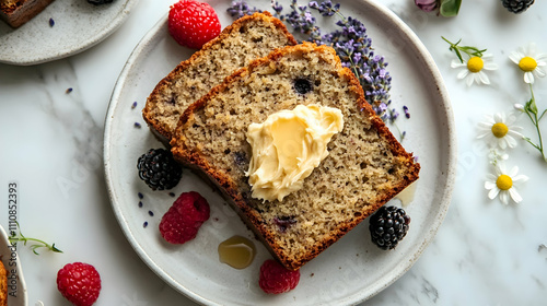 Earl Grey Banana Bread with Lavender Honey Butter and Bee Pollen, Modern Bakery Photography