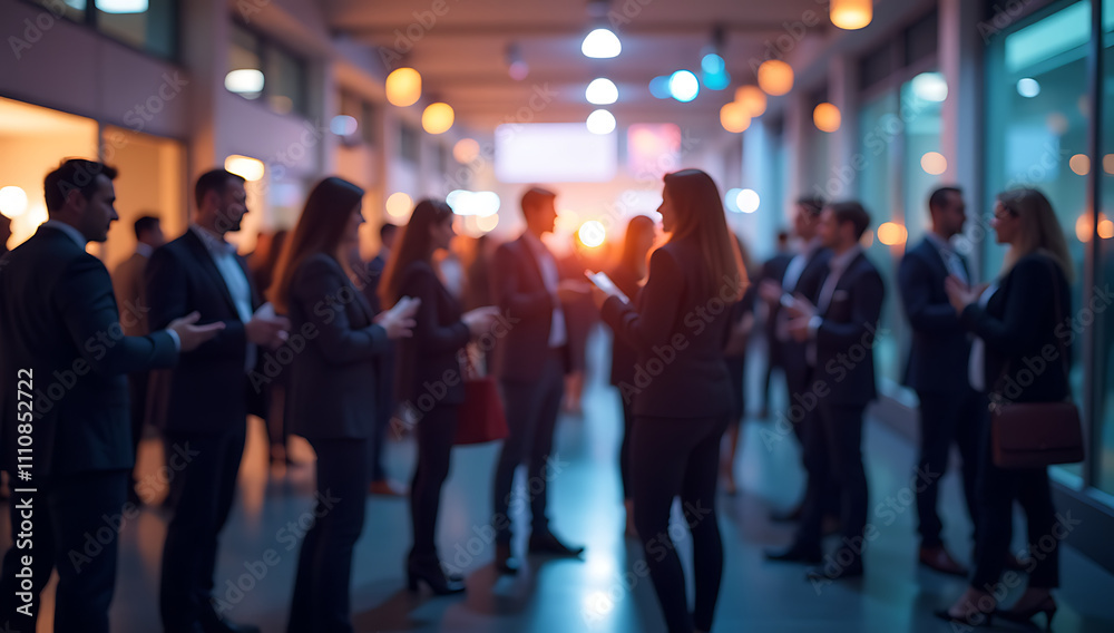 A vibrant networking event with business professionals engaging in conversation, blurred figures creating a sense of motion and activity
