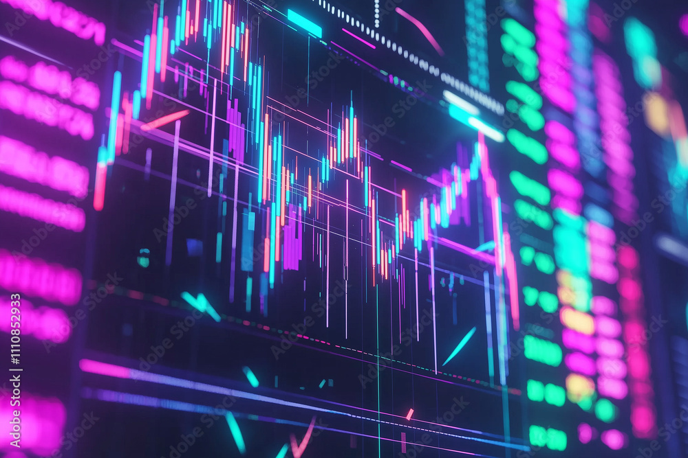 Vibrant financial charts glowing with neon colors, showcasing dynamic market trends and data analysis in futuristic digital environment Vibrant financial charts glowing with neon colors, showcasing dynamic market trends and data analysis in futuristic digital environment