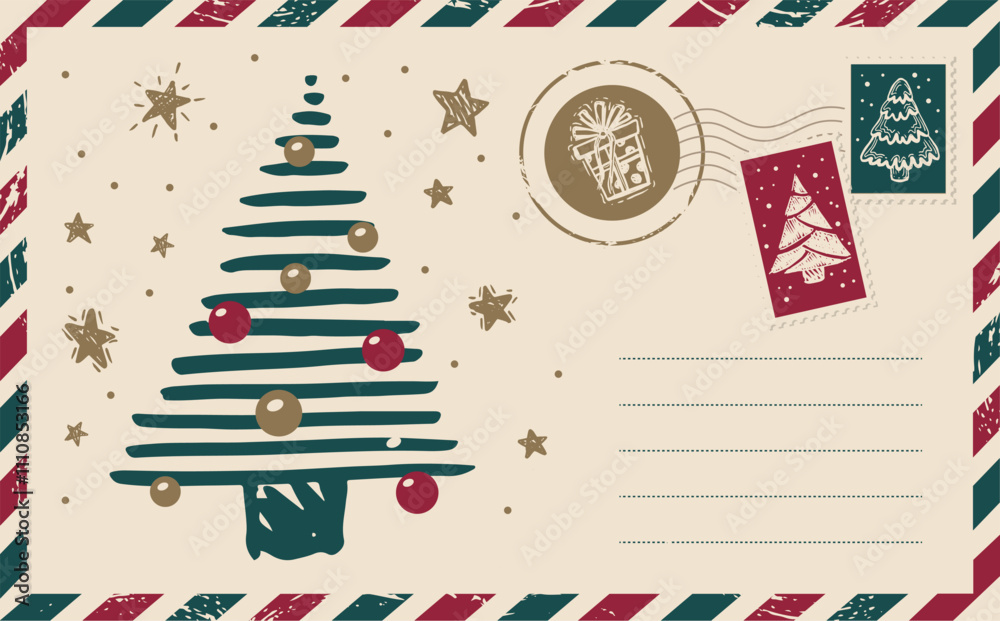 Fototapeta premium Christmas mail with tree, postcard, hand drawn illustration.
