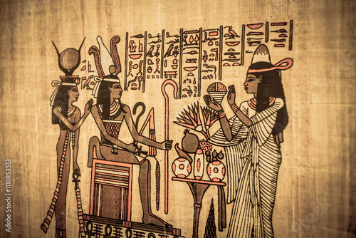 Artistic reproduction of ancient egyptian art on real papyrus