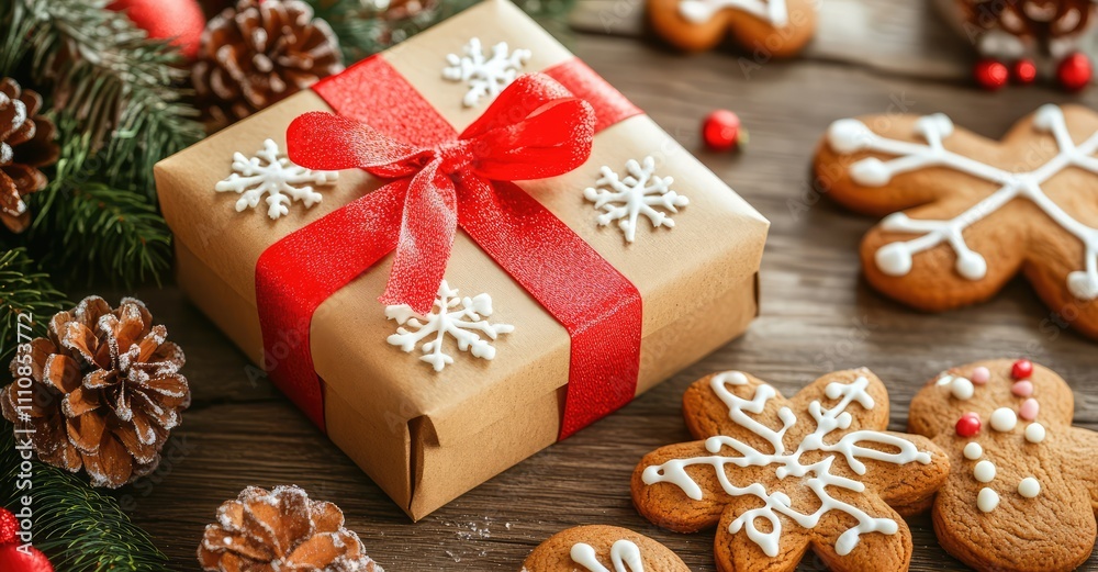 Fototapeta premium Vintage Christmas Gift Box and Gingerbread Cookies. AI generated illustration.