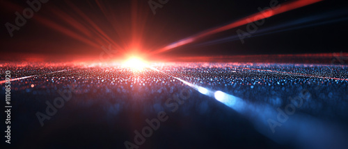 Futuristic digital landscape with glowing lights and beams, illustrating advanced technology and innovation. photo