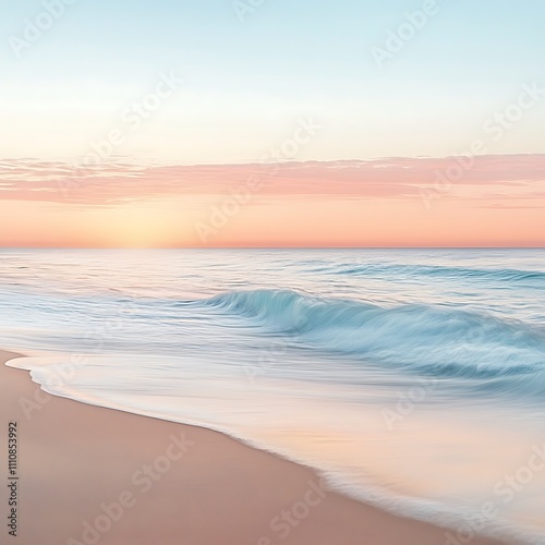 Peaceful ocean waves gently rolling onto a sandy beach at sunset creating a picturesque scene with a soft pastel color palette and abundant copy space image opportunity, Generative Ai 