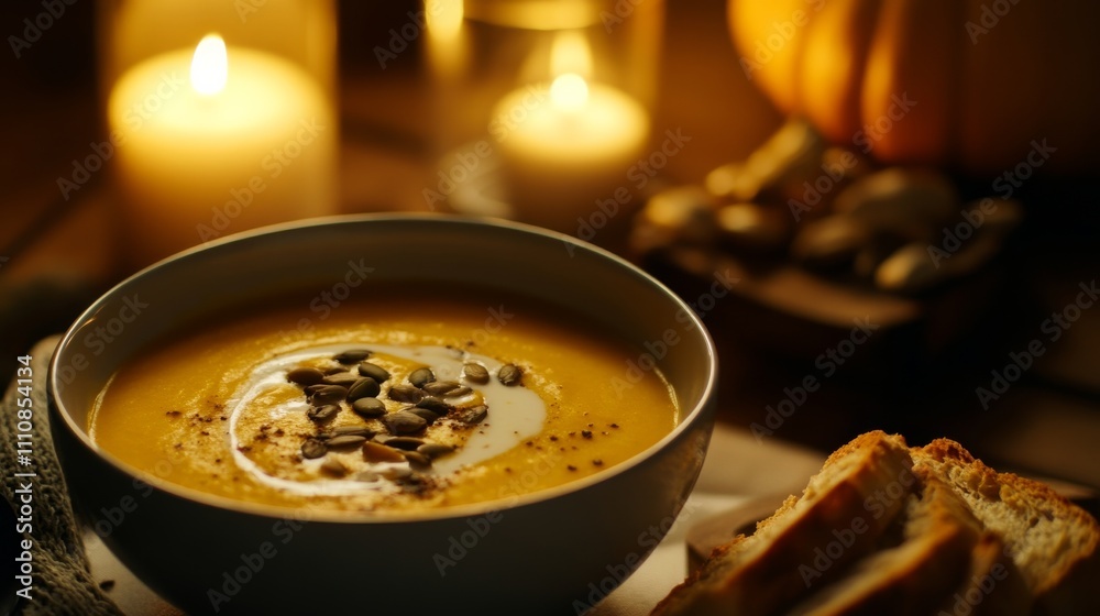 Photo of, A bowl of creamy pumpkin soup garnished with toasted pumpkin seeds, Soup in bowl Photo of, A bowl of creamy pumpkin soup garnished with toasted pumpkin seeds, Soup in bowl