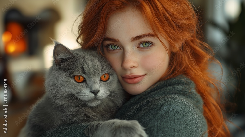 Red-haired woman with bright green eyes embracing a gray cat in a cozy home setting, perfect for pet care content, lifestyle blogs, and heartwarming visuals in warm and soft tones