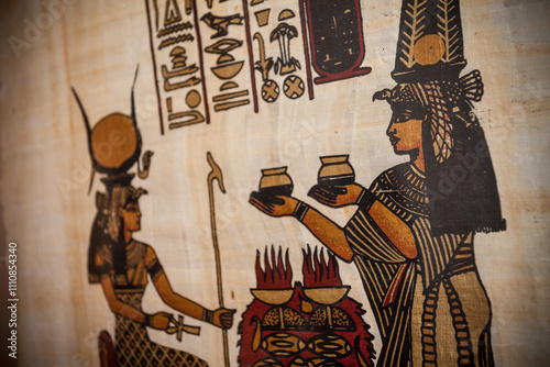 Artistic reproduction of ancient egyptian art on real papyrus photo