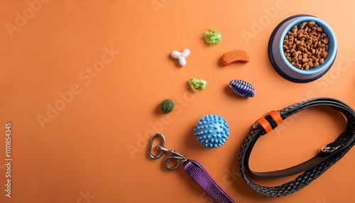 Pet accessories flatlay showcasing a leash, collar, pet bowl, and toys on an orange background with ample copy space for design photo