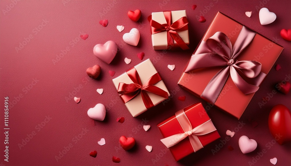 Flat lay of Valentine’s Day gift boxes with elegant wrapping, tied with satin ribbons