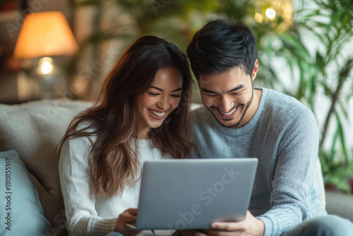 A couple joyfully sharing a moment while looking at a laptop together.