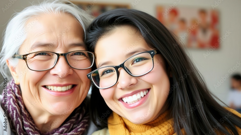Heartwarming Portrait of Smiling Elderly Woman and Young Girl in Yellow Sweater, Perfect for Family, Love, and Generational Bonding Themes Heartwarming Portrait of Smiling Elderly Woman and Young Girl in Yellow Sweater, Perfect for Family, Love, and Generational Bonding Themes