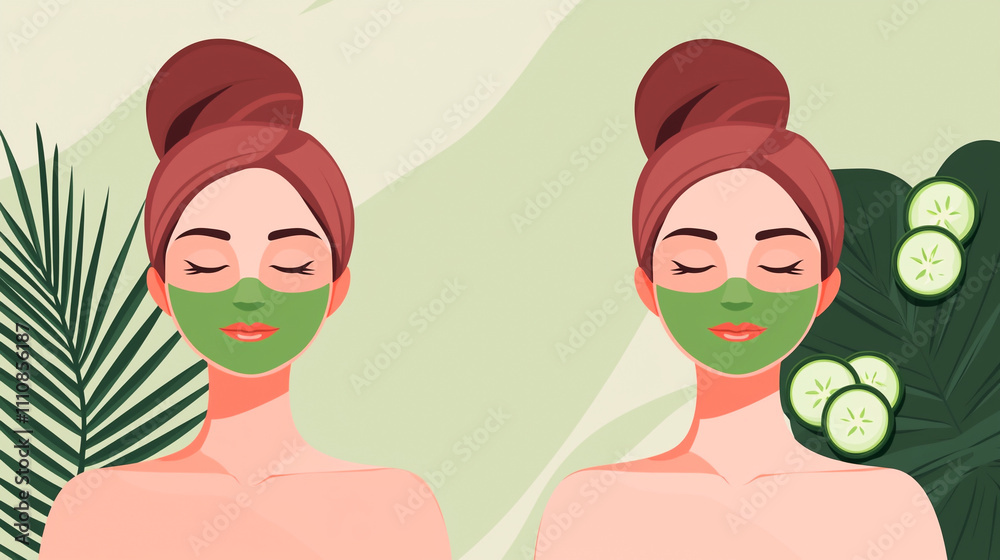 Illustration of women with facial masks, cucumbers, and plants, promoting self-care and relaxation. Illustration of women with facial masks, cucumbers, and plants, promoting self-care and relaxation.